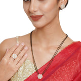 Black & Gold-Toned Cubic Zirconia Studded Mangalsutra, Earrings and Ring Set