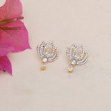 Sparkling Elegance Floral Motif Zircons and Faux Pearls Silver Plated Earrings