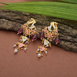 Shwet Kamal Faux Pearls Peacock Motif Gold Plated Drop Earrings