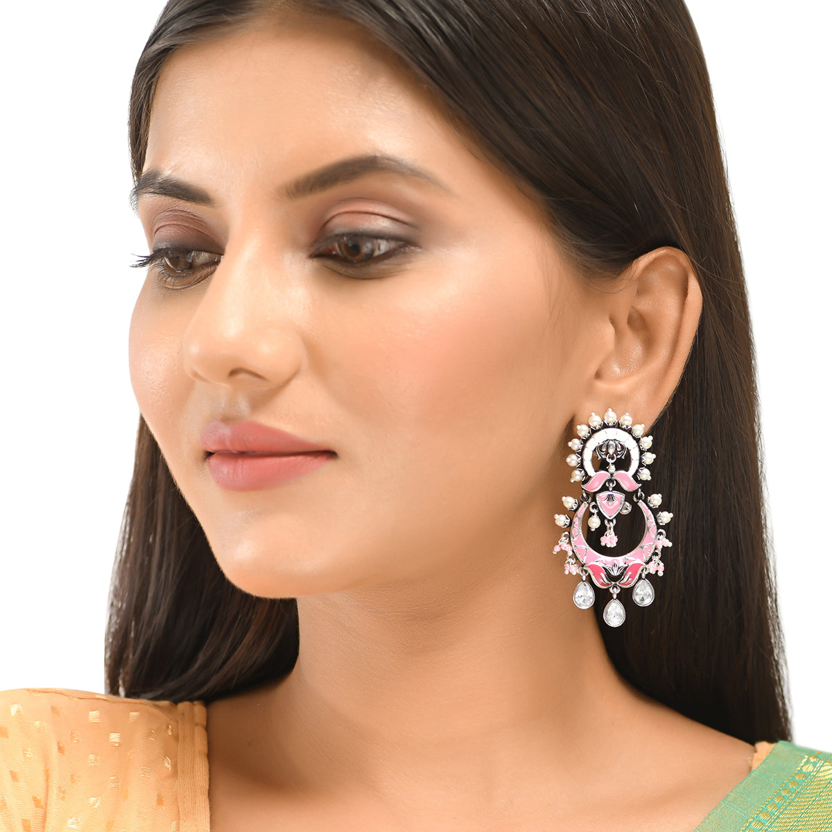 Shwet Kamal Pink Enamel Faux Kundan Oxidised Silver Plated Earrings