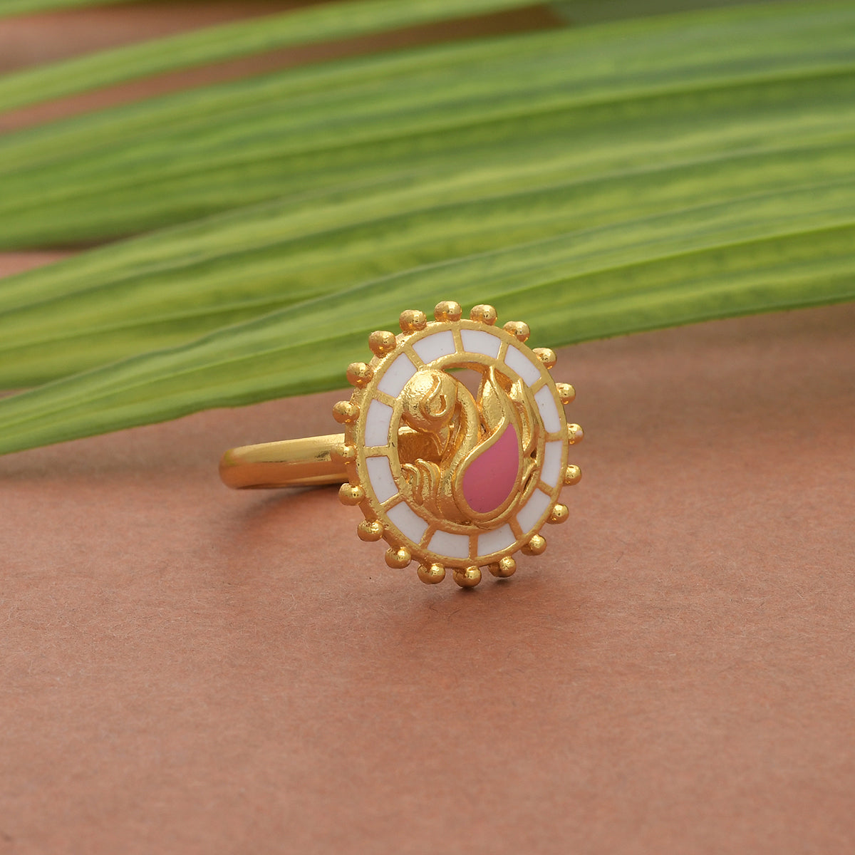 Shwet Kamal Gold Plated Peacock Motif Adjustable Brass Ring