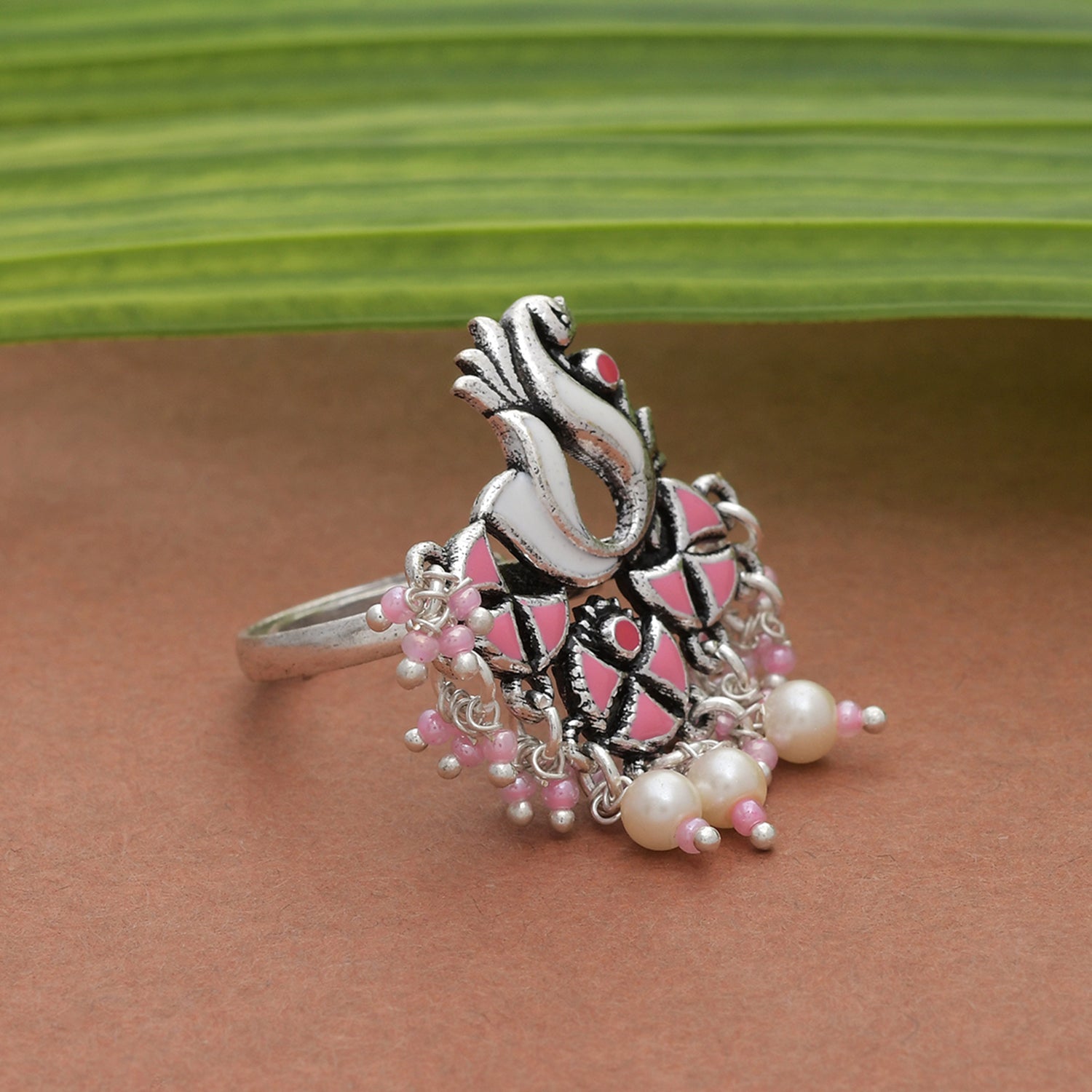 Shwet Kamal Faux Pearls Adorned Enamelled Peacock Motif Brass Adjustable Ring