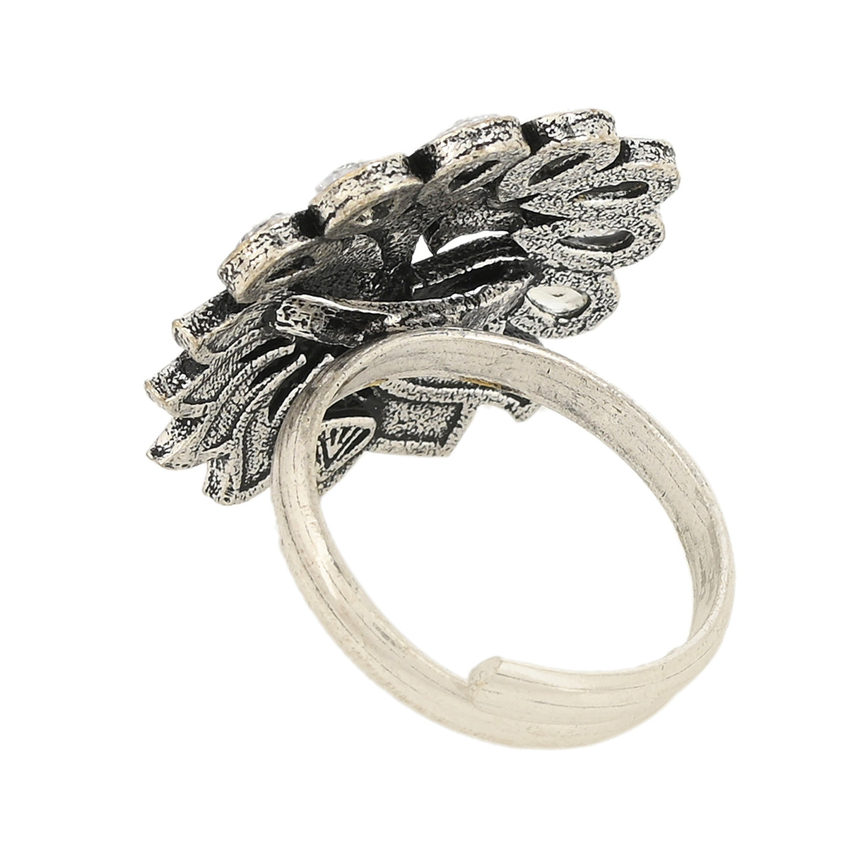 Shwet Kamal Floral Enamelled Faux Kundan Silver Plated Adjustable Brass Ring