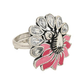 Shwet Kamal Floral Enamelled Faux Kundan Silver Plated Adjustable Brass Ring