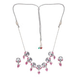 Festive Hues Mirrored Floral Motifs Brass Oxidised Silver Plated Jewellery Set