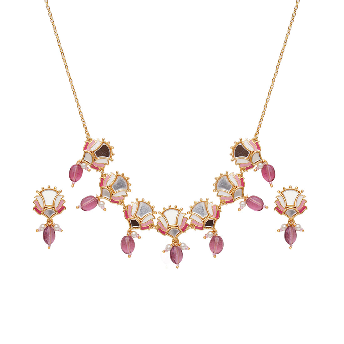 Festive Hues Floral Mirror Work Brass Gold Plated Jewellery Set