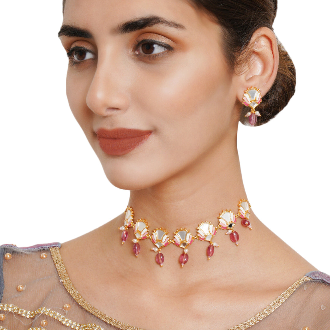 Festive Hues Floral Mirror Work Brass Gold Plated Jewellery Set