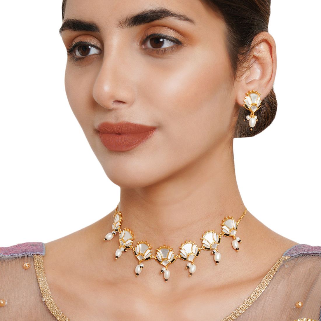 Festive Hues Floral Mirror Work and Faux Pearls Brass Silver Plated Jewellery Set