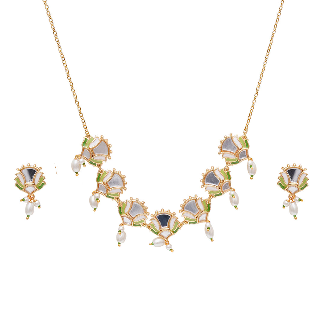 Festive Hues Floral Motifs Gold Plated Brass Mirrored Jewellery Set