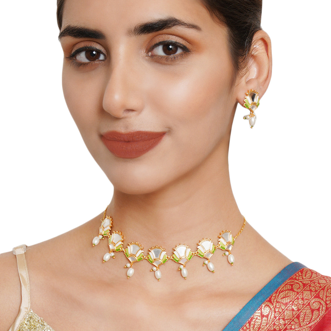 Festive Hues Floral Motifs Gold Plated Brass Mirrored Jewellery Set