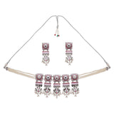 Festive Hues Pink Enamel Faux Pearls Brass Silver Plated Jewellery Set