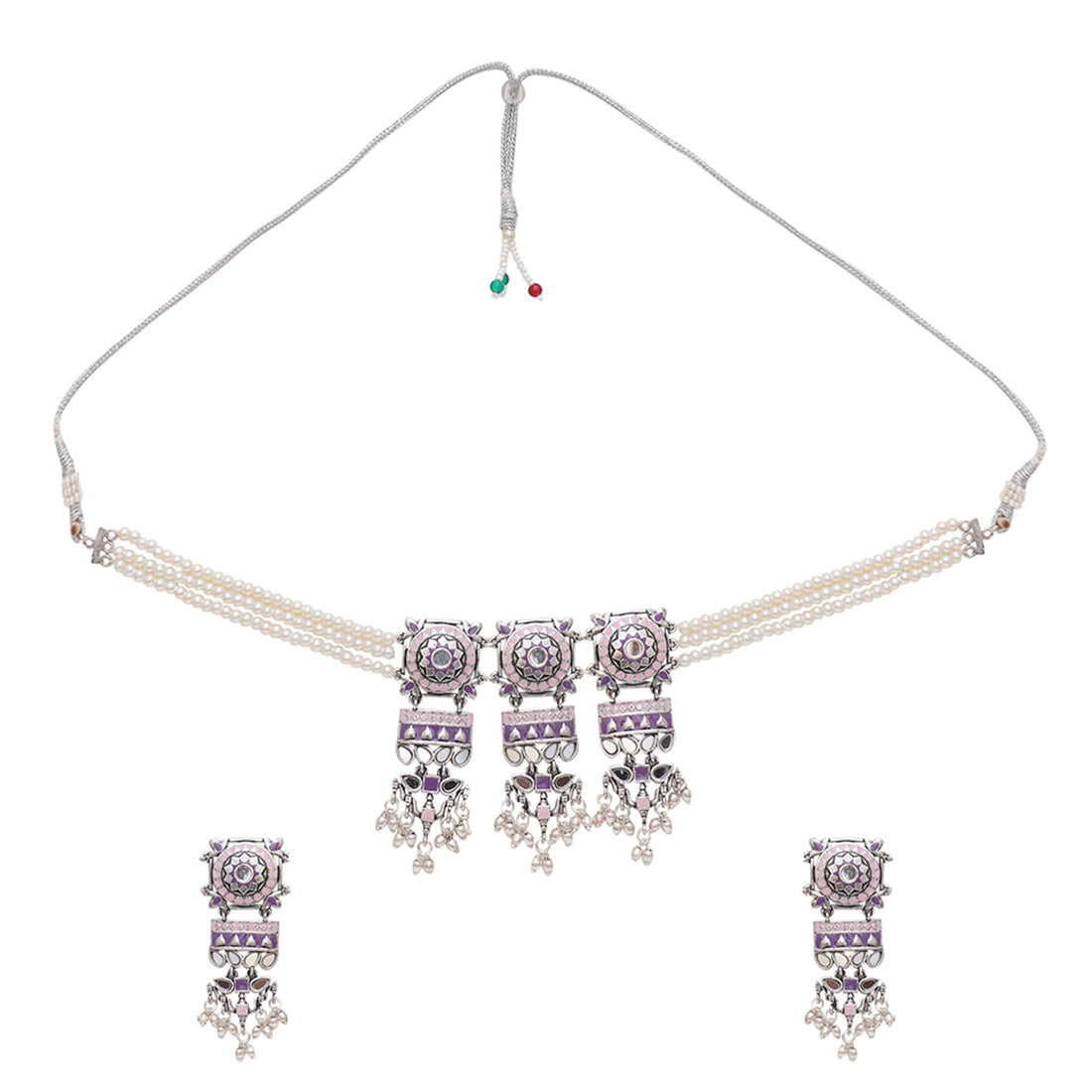 Festive Hues Faux Pearls and Mirror Work Oxidised Silver Plated Brass Jewellery Set