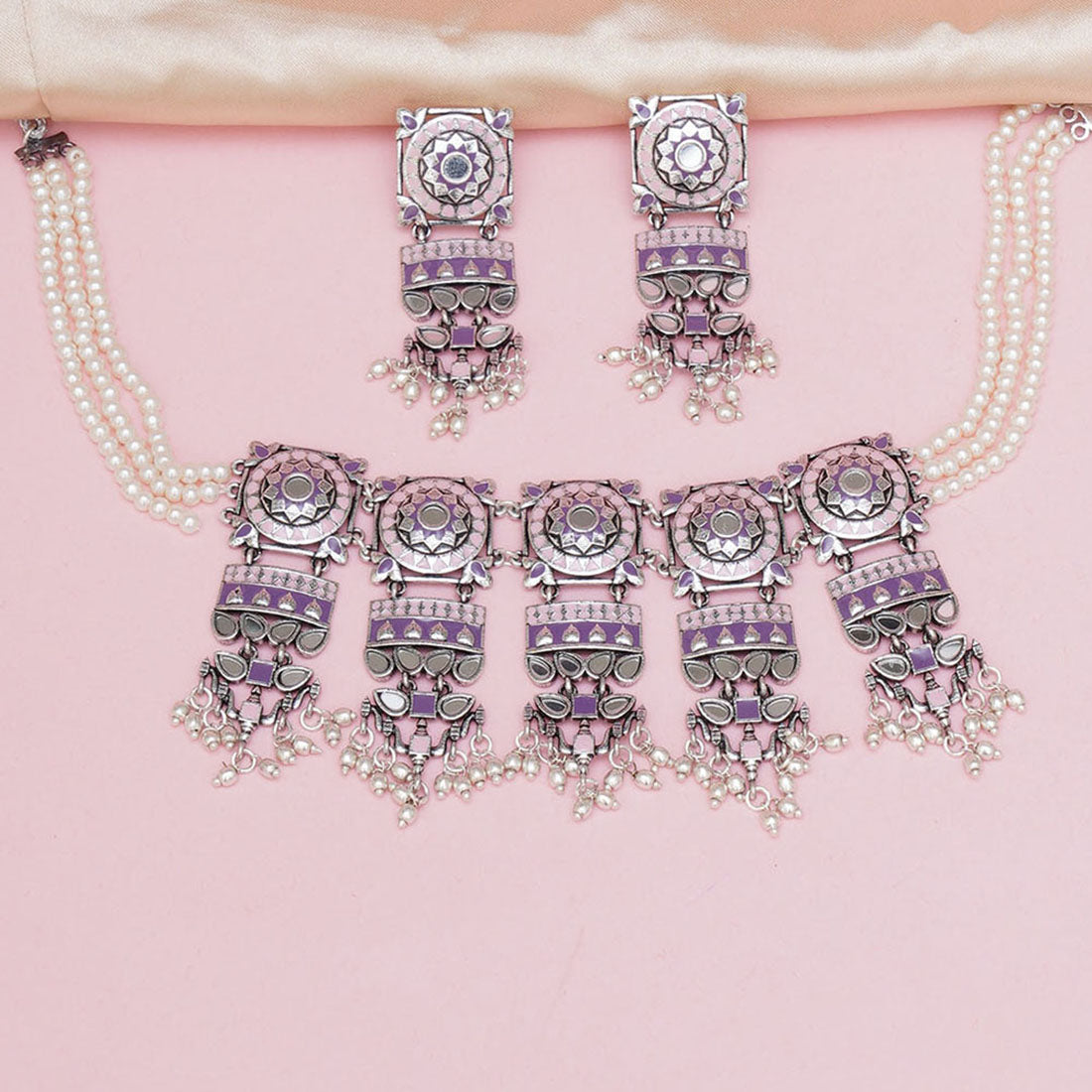 Festive Hues Faux Pearls and Mirror Work Oxidised Silver Plated Brass Jewellery Set
