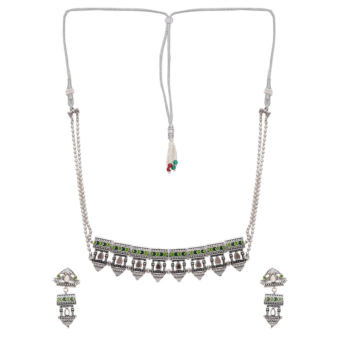Festive Hues Temple Inspired Brass Mirror Work Silver Plated Jewellery Set