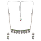 Festive Hues Temple Inspired Brass Mirror Work Silver Plated Jewellery Set