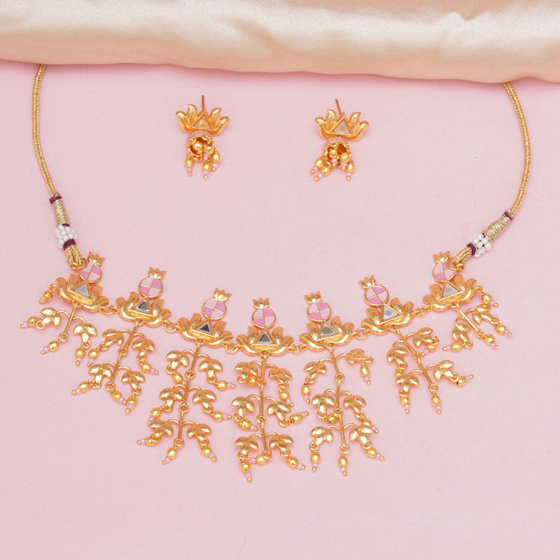 Festive Hues Brass Embellished Long Fusion Pink Necklace Set