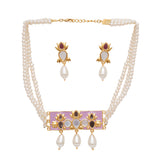 Festive Hues Pink Pearl String Short Necklace with Mirror Work Enameled Motif