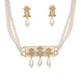 Festive Hues White Pearl String Short Necklace with Mirror Work Enameled Motif and Triple Pearl Drops