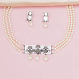Festive Hues Silver Pearl String Short Necklace with Mirror Work Enameled Motif and Triple Pearl Drops