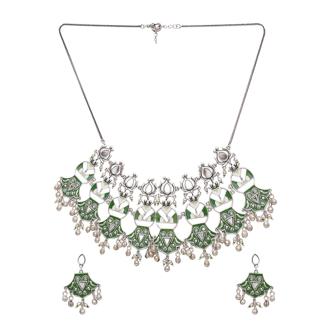Festive Hues Unique Green Lotus Motif Choker Necklace Set