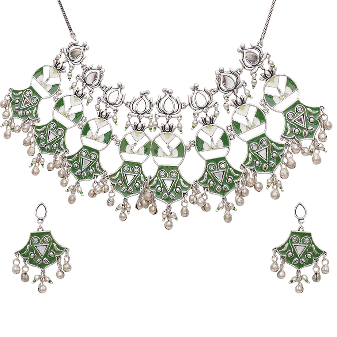 Festive Hues Unique Green Lotus Motif Choker Necklace Set