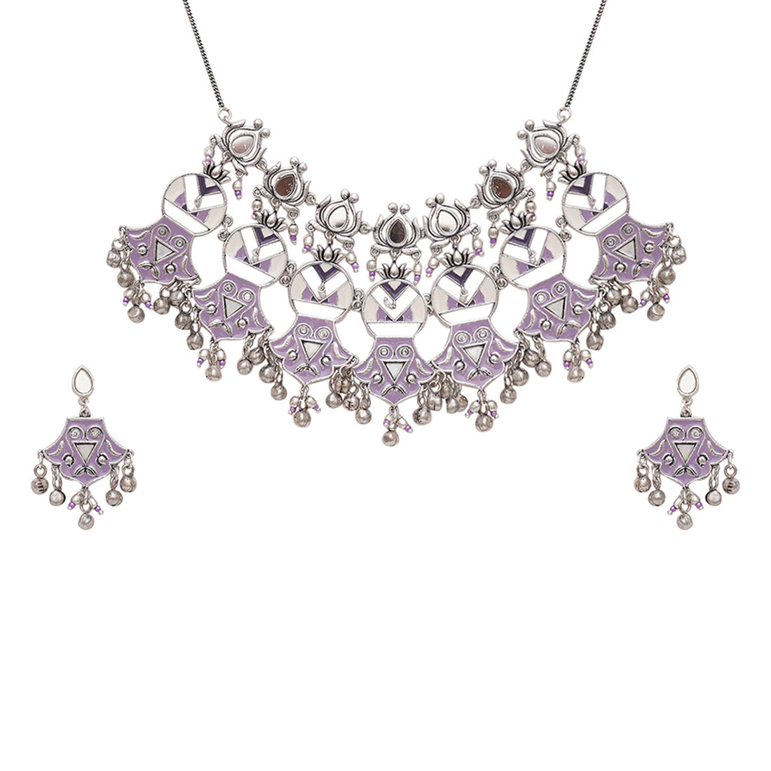 Festive Hues Faux Pearls Adorned Mirrored Brass Oxidised Silver Plated Jewellery Set