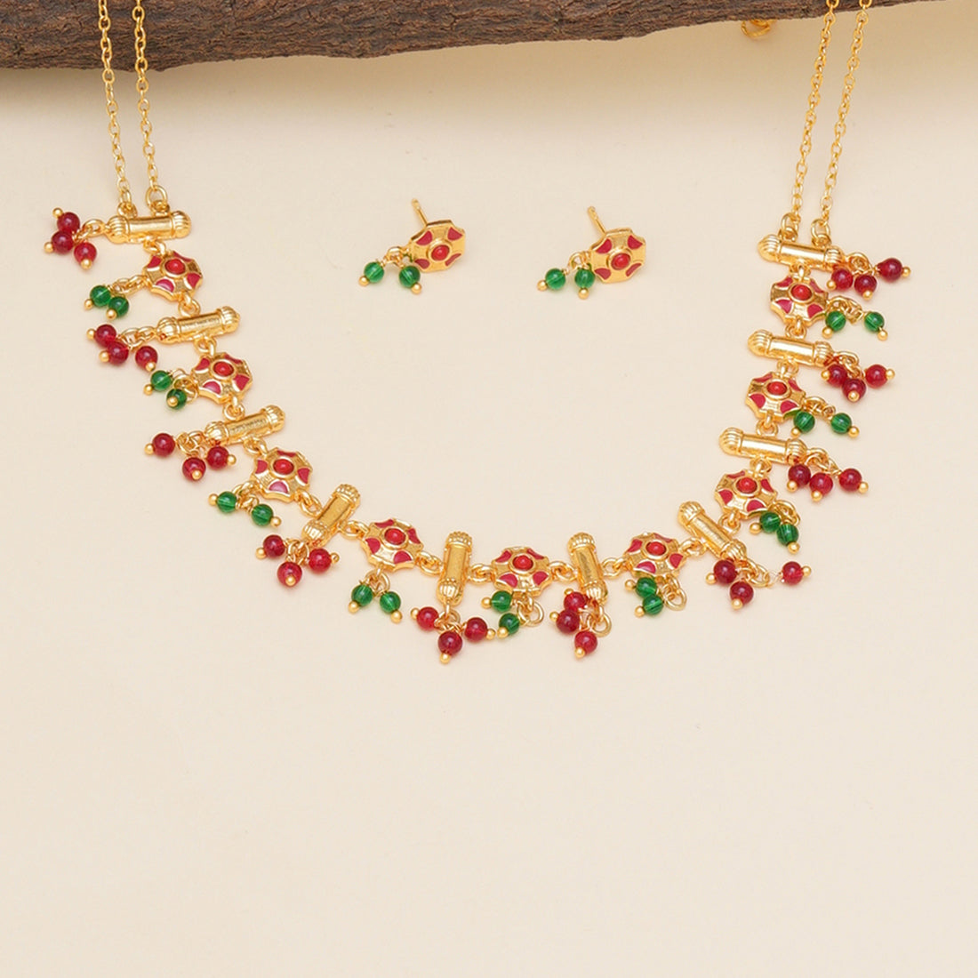 Festive Hues Enamelled and Gold-Plated Red festive Necklace Set
