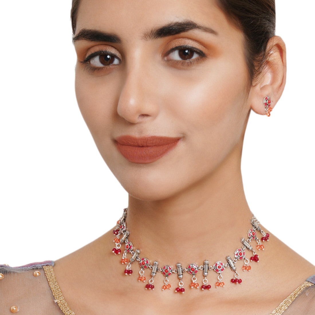 Festive Hues Intricate Enameled Choker Necklace Set with Artisanal Motifs and Red Beads