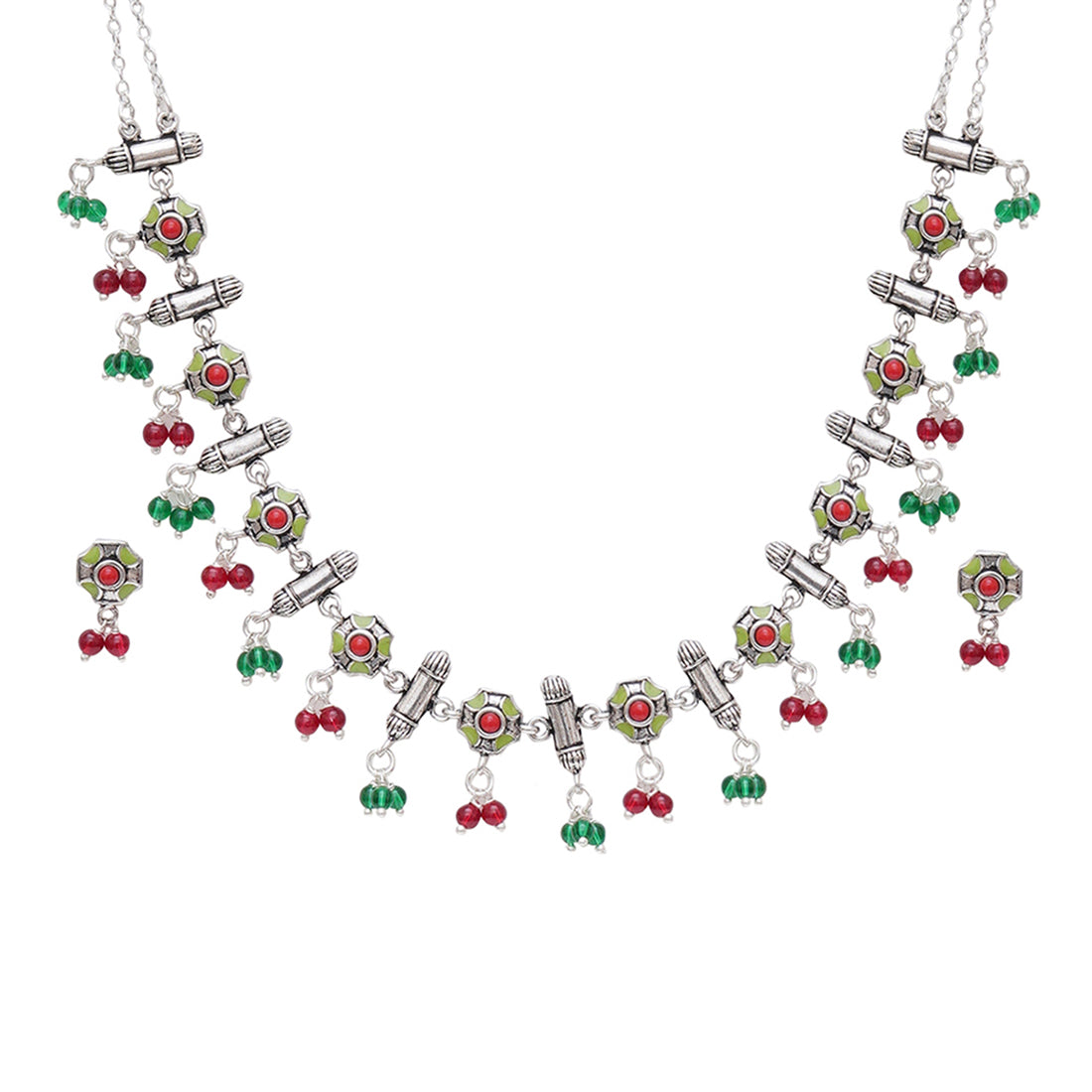 Festive Hues Intricate Enameled Choker Necklace Set with Artisanal Motifs and Green Beads