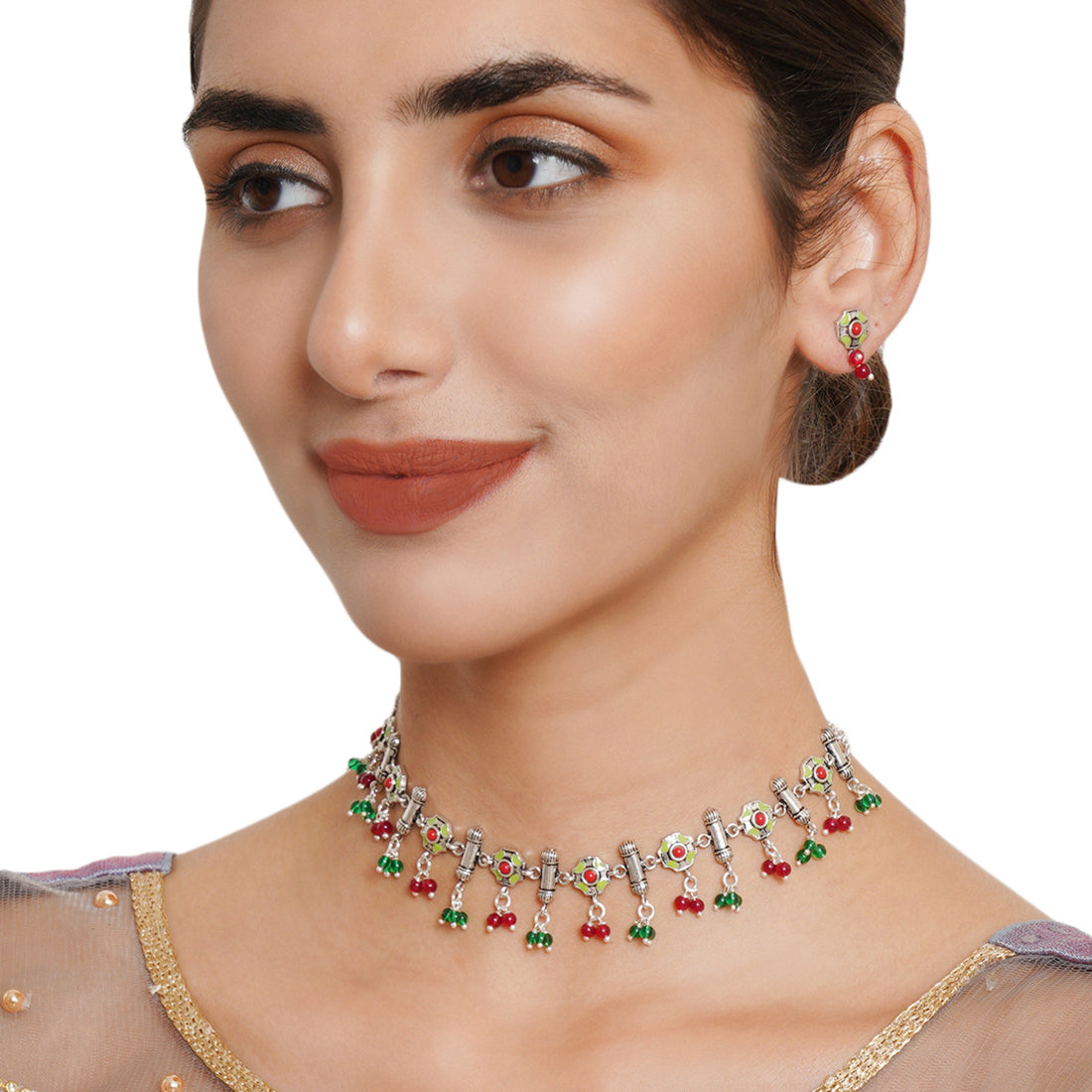 Festive Hues Intricate Enameled Choker Necklace Set with Artisanal Motifs and Green Beads