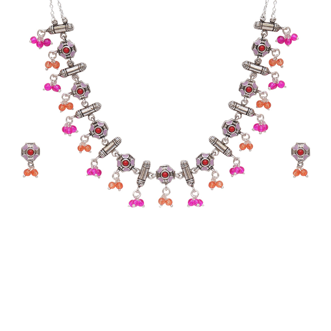 Festive Hues Intricate Enameled Choker Necklace Set with Artisanal Motifs and Pink Beads