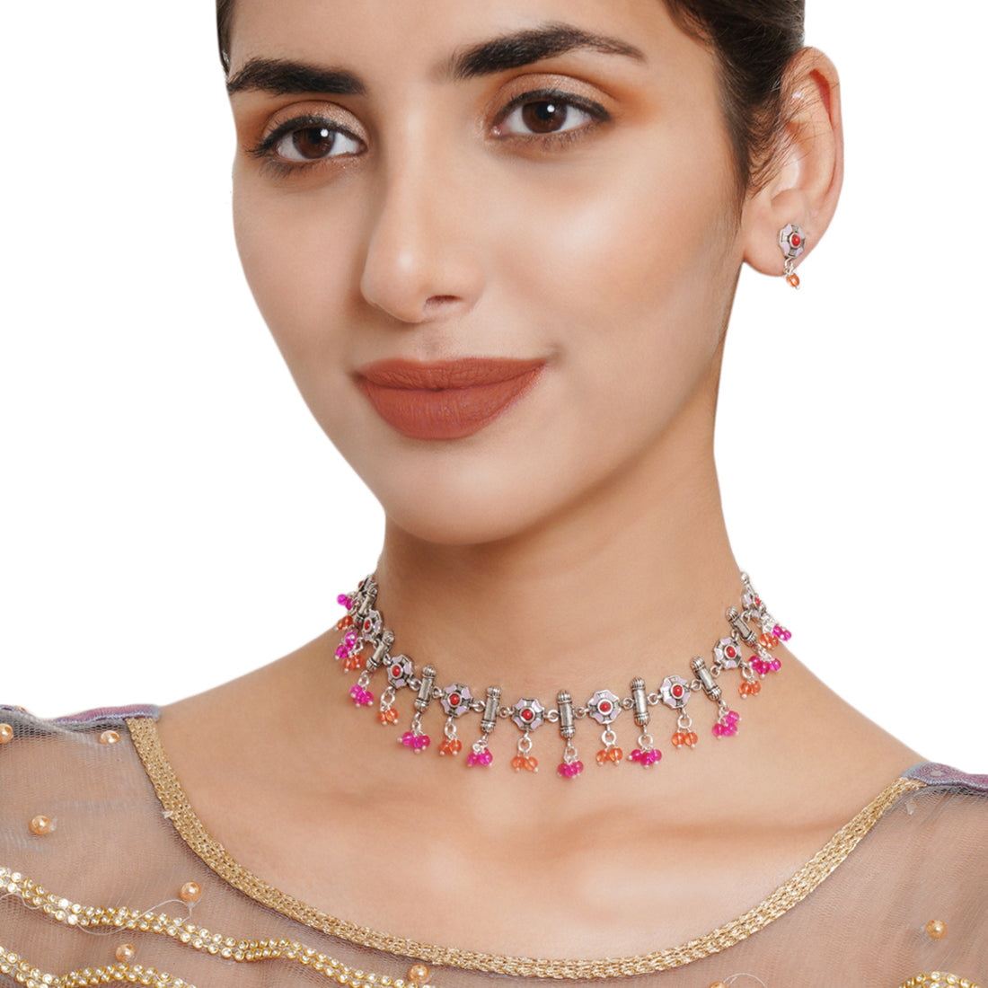 Festive Hues Intricate Enameled Choker Necklace Set with Artisanal Motifs and Pink Beads