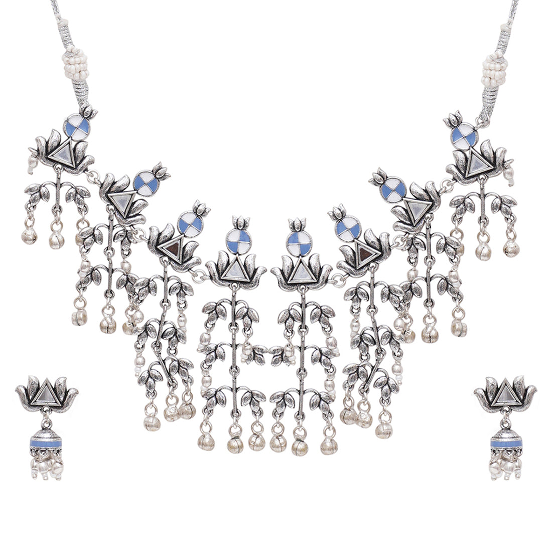 Festive Hues Silver Plated Long Fusion Blue Necklace Set