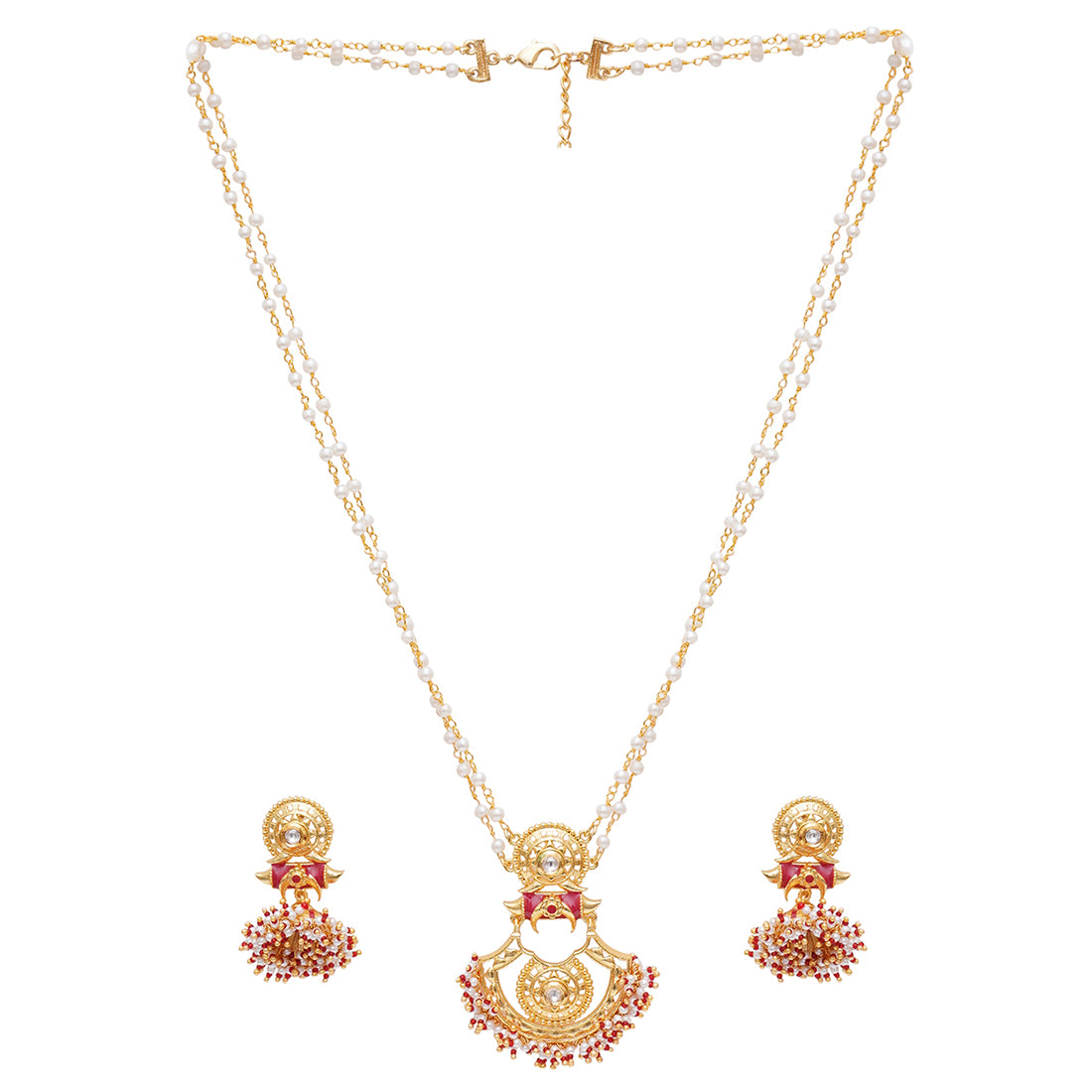 Festive Hues Cluster Setting Faux Pearls Gold Plated Brass Enamelled Jewellery Set
