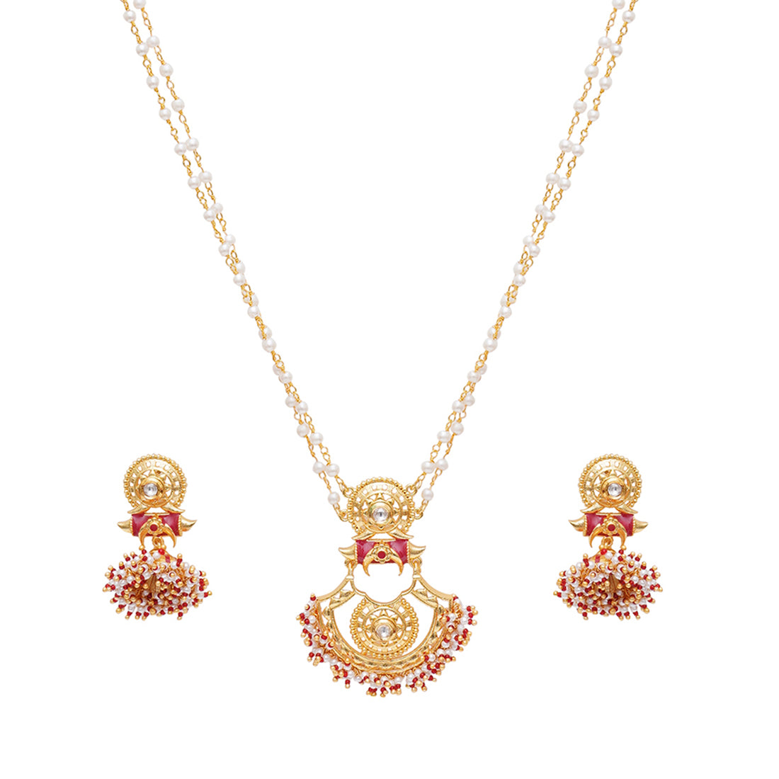 Festive Hues Cluster Setting Faux Pearls Gold Plated Brass Enamelled Jewellery Set