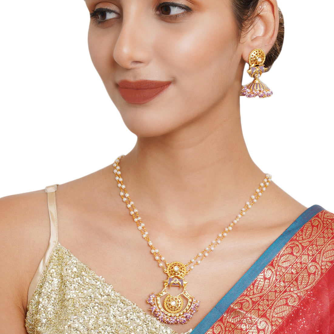Festive Hues Yellow Gold Plated Faux Pearls Adorned Brass Jewellery Set