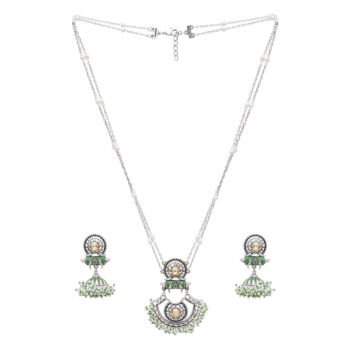 Festive Hues Green Enamel Faux Pearls Adorned Brass Silver Plated Jewellery Set