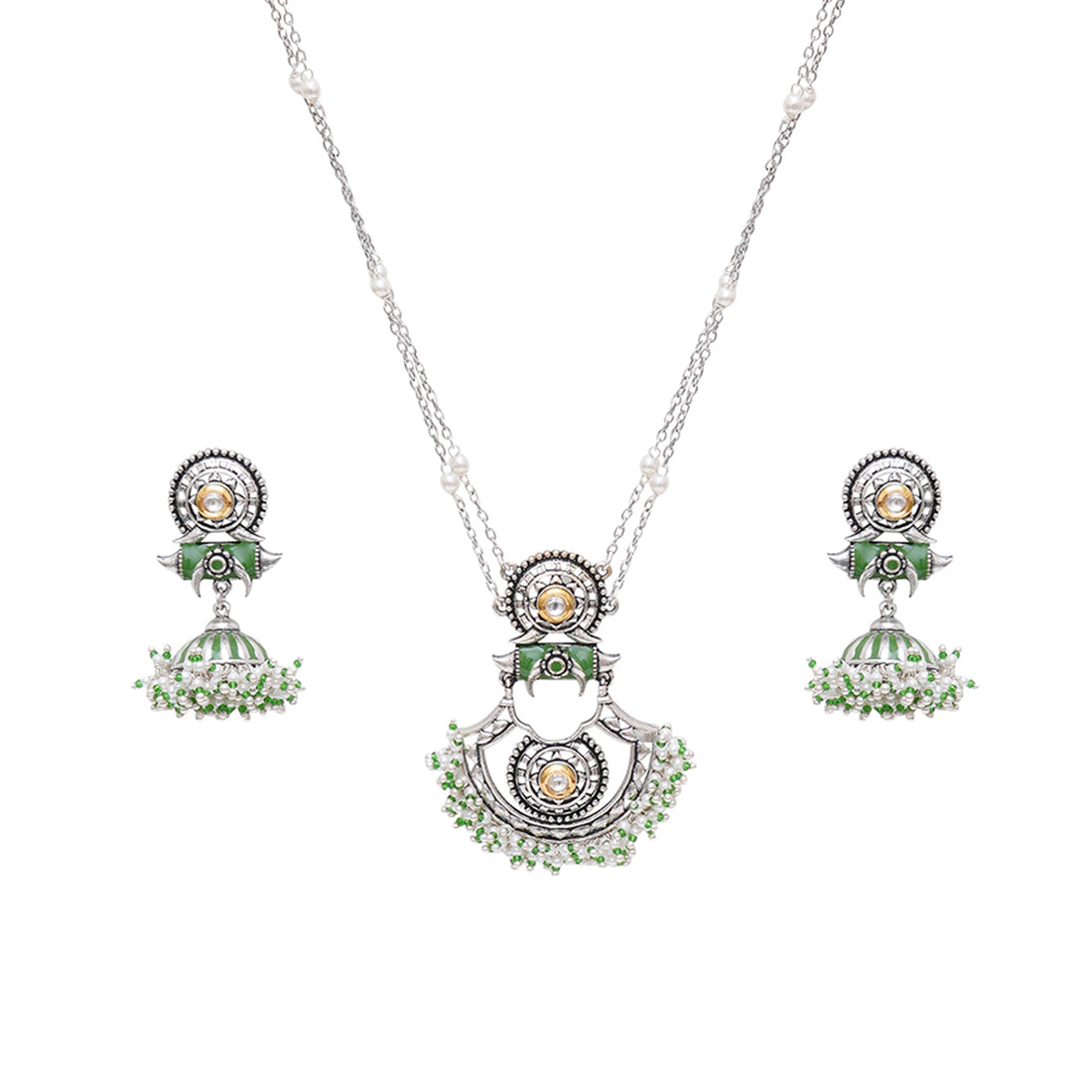 Festive Hues Green Enamel Faux Pearls Adorned Brass Silver Plated Jewellery Set