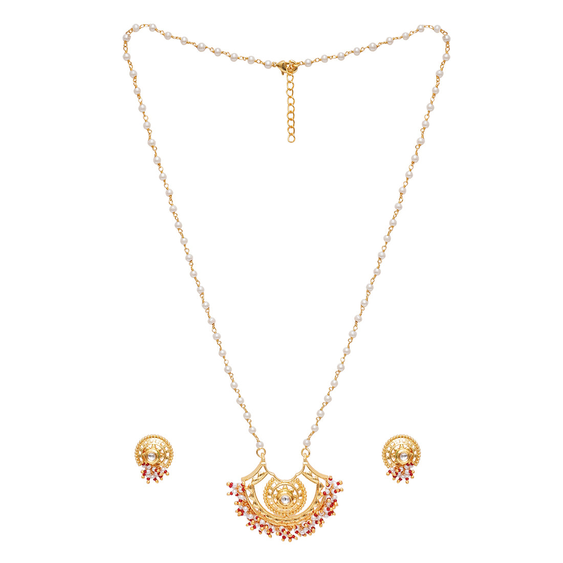 Festive Hues Long Gold Plated Jewellery Set in Pearl Chain