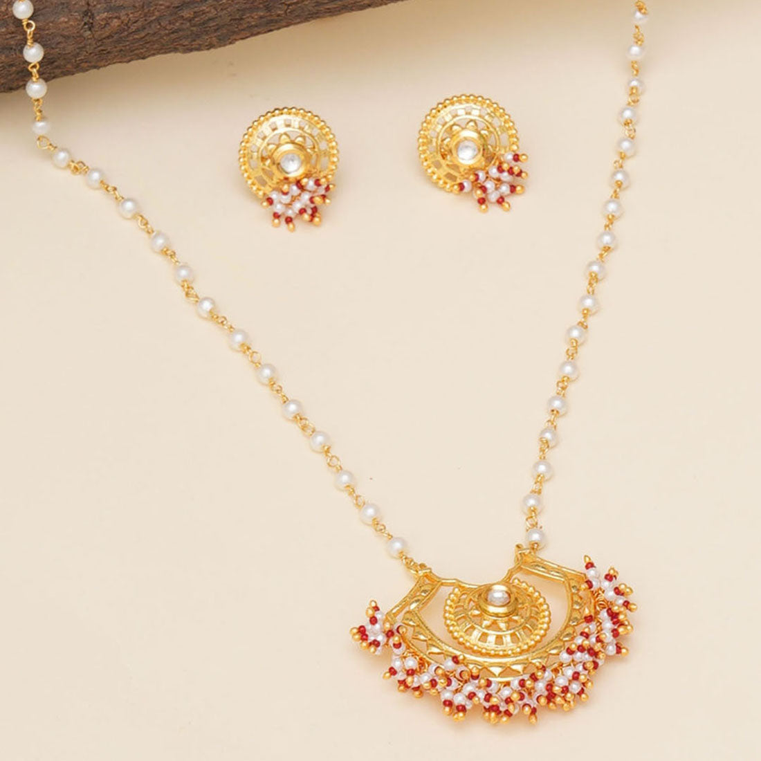Festive Hues Long Gold Plated Jewellery Set in Pearl Chain – VOYLLA