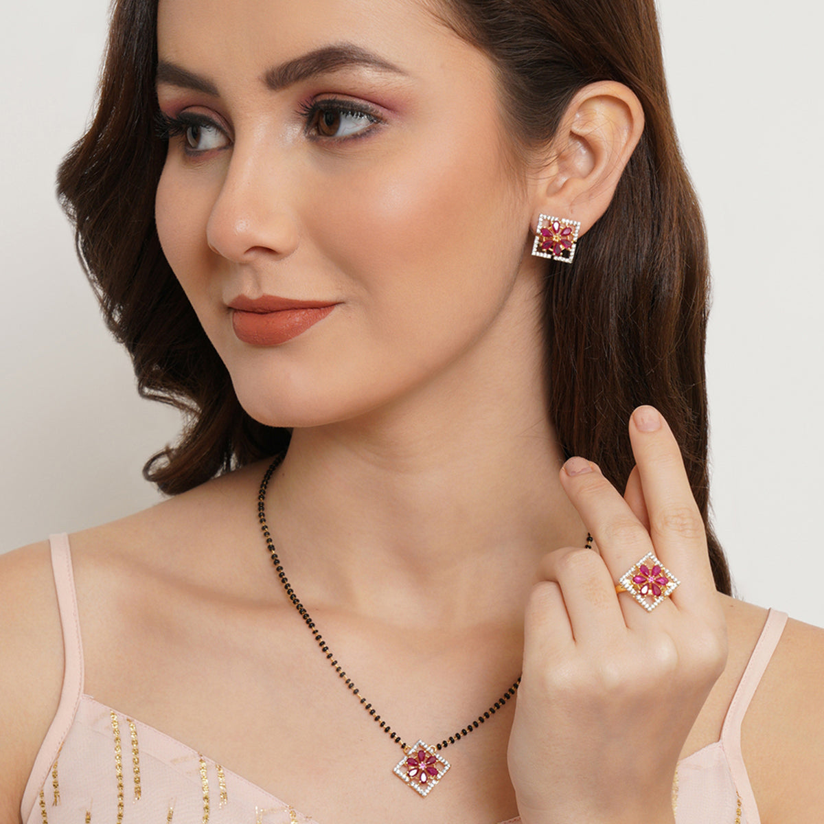 Sparkling Elegance Red Zirconia Gemstones Mangalsutra Set