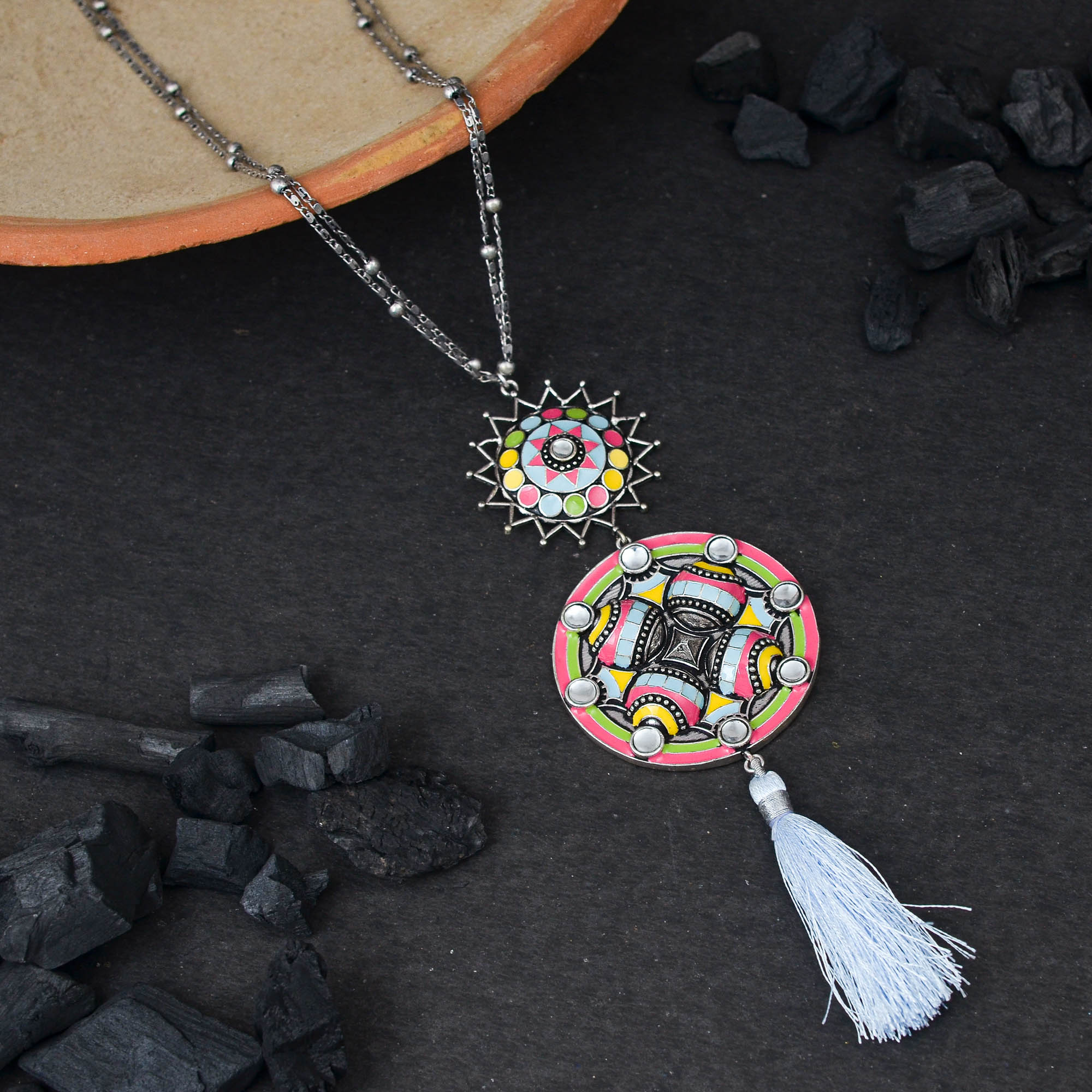 Folklore Tassel Drop Enamelled Necklace