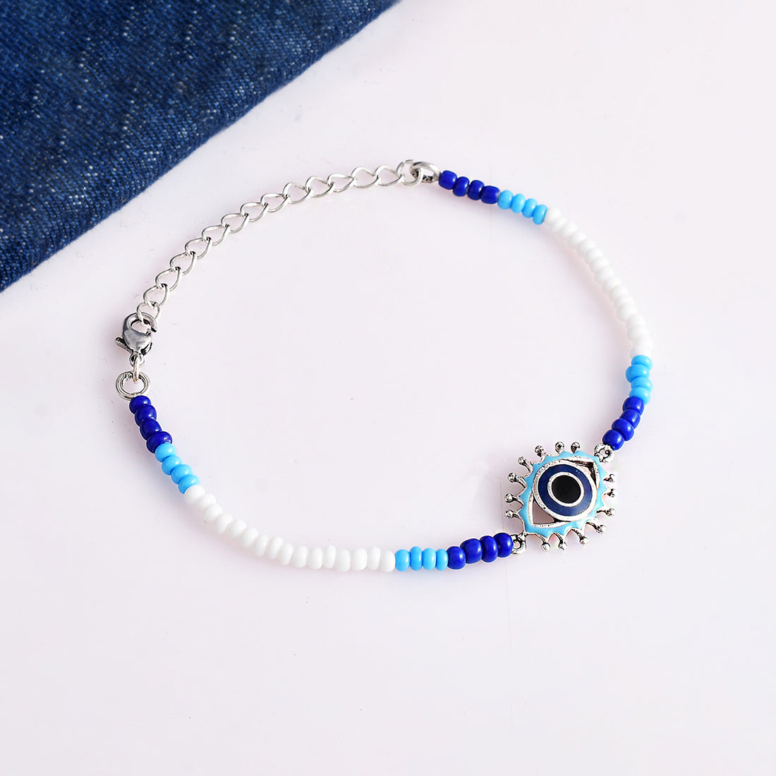 Evil Eye Blue-White Beads Silver Oxidized Chain Bracelet