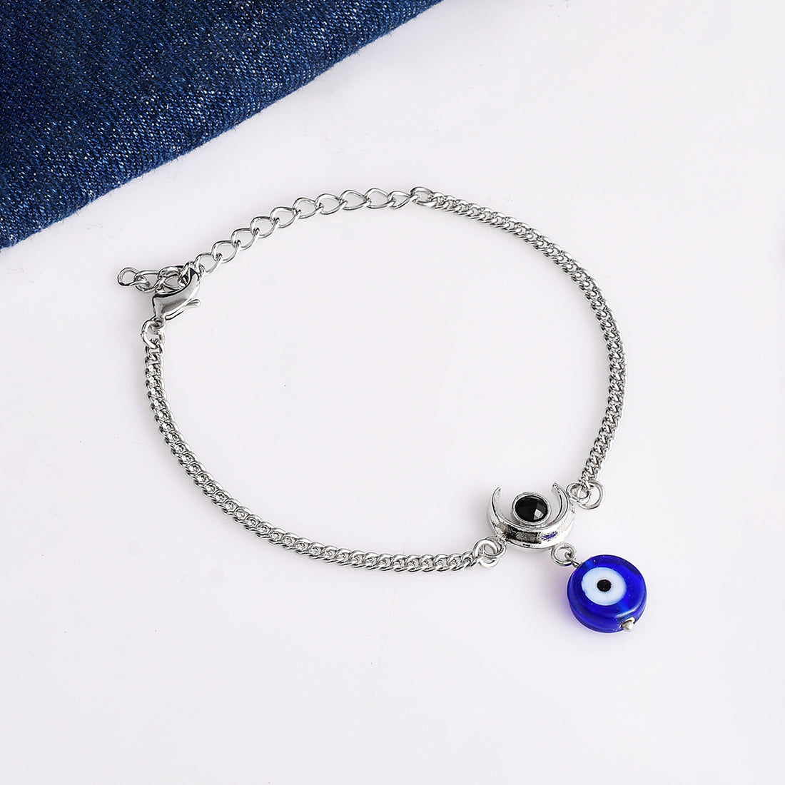 Evil Eye Hanging Bead With Shiva Moon Silver Oxidized Bracelet