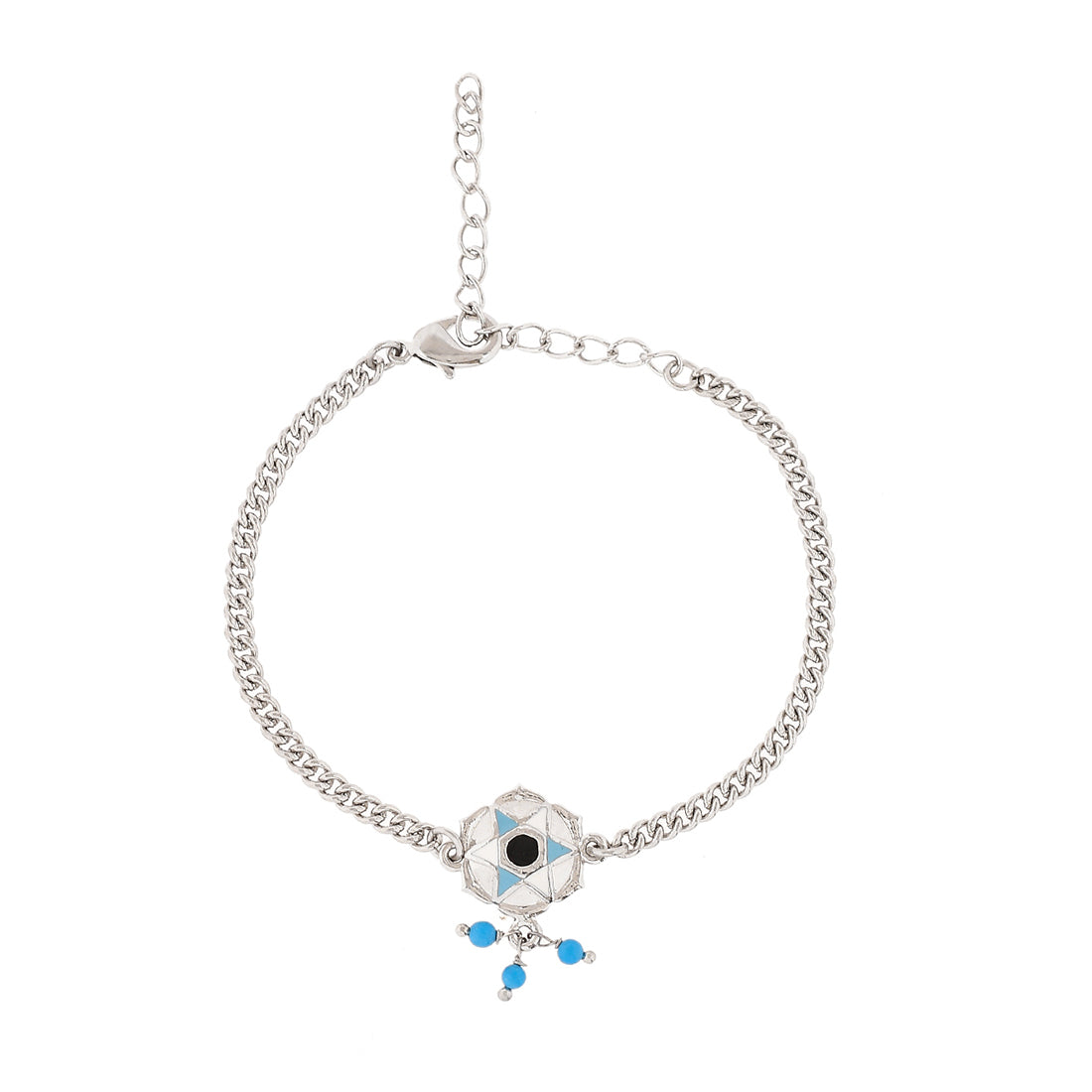 Evil Eye Blue Bead Hanging Silver Pated Motif Bracelet