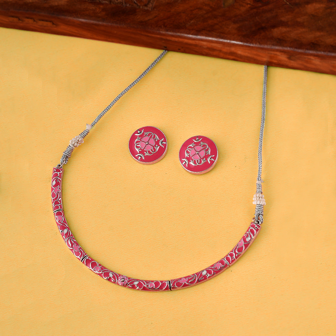 Enameled Elegance Pink Silver Oxidized Necklace Set