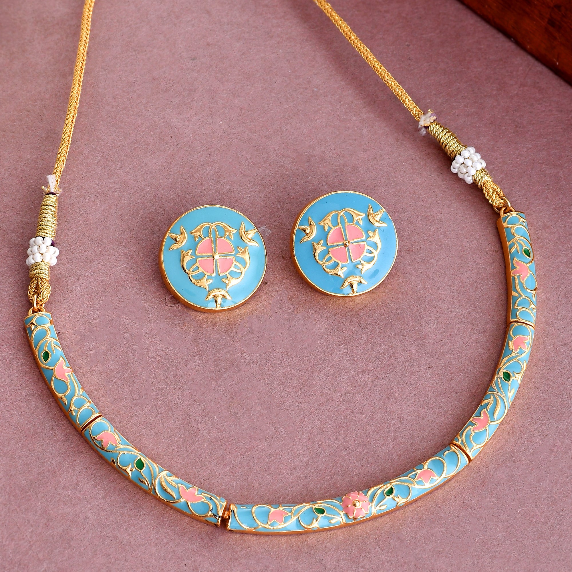 Enameled Elegance Blue And Pink Enamel Jewellery Set