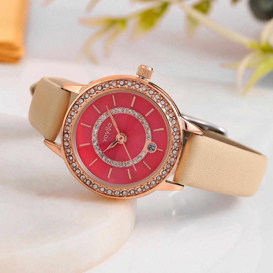 Voylla Gem Studded Red Dial Watch