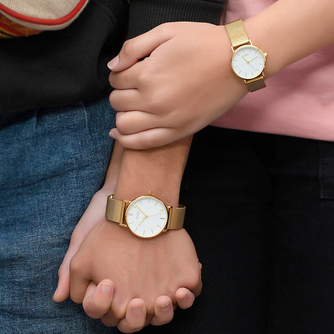 Voylla Yellow Gold Mesh Strap Couple Watches