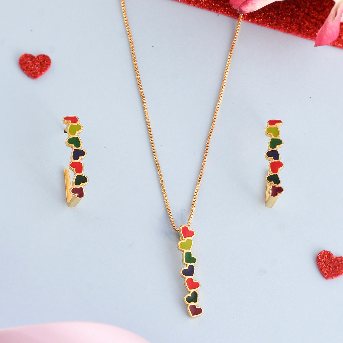 Tiny Coloured Hearts Pendant Set